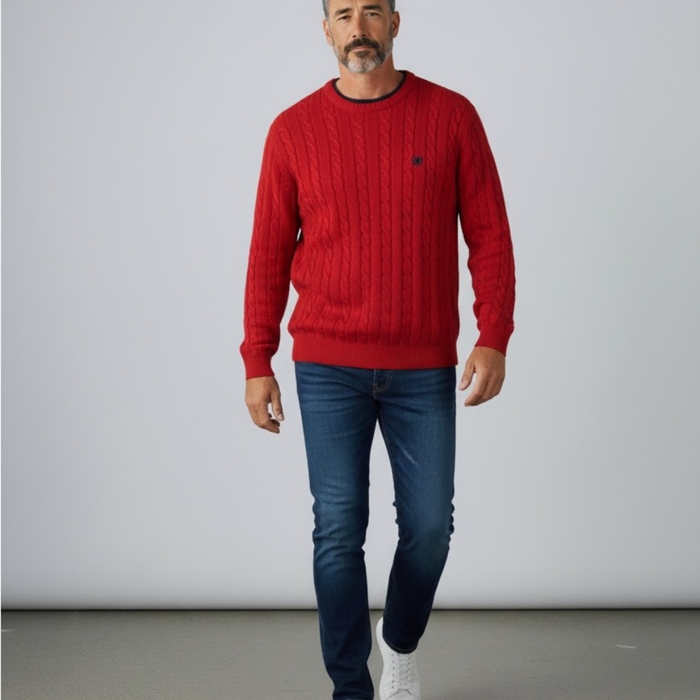 Chaps Men's Red Cable-Knit Cotton Sweater XL Crew Neck Pullover Long Sleeve Logo